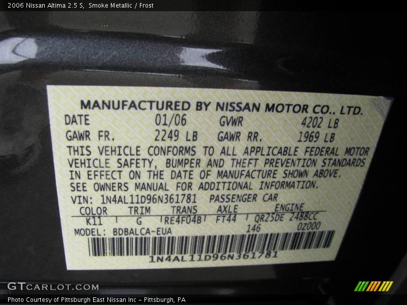 Smoke Metallic / Frost 2006 Nissan Altima 2.5 S