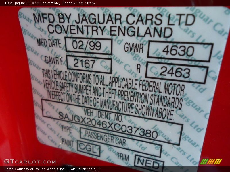 1999 XK XK8 Convertible Phoenix Red Color Code CGL