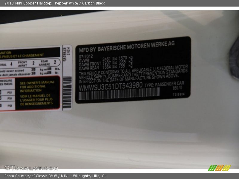 Pepper White / Carbon Black 2013 Mini Cooper Hardtop
