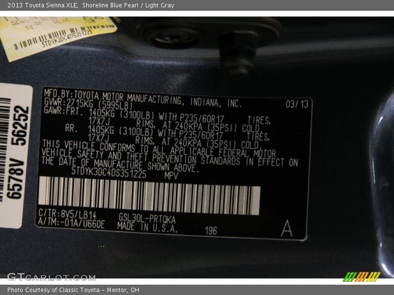 Shoreline Blue Pearl / Light Gray 2013 Toyota Sienna XLE