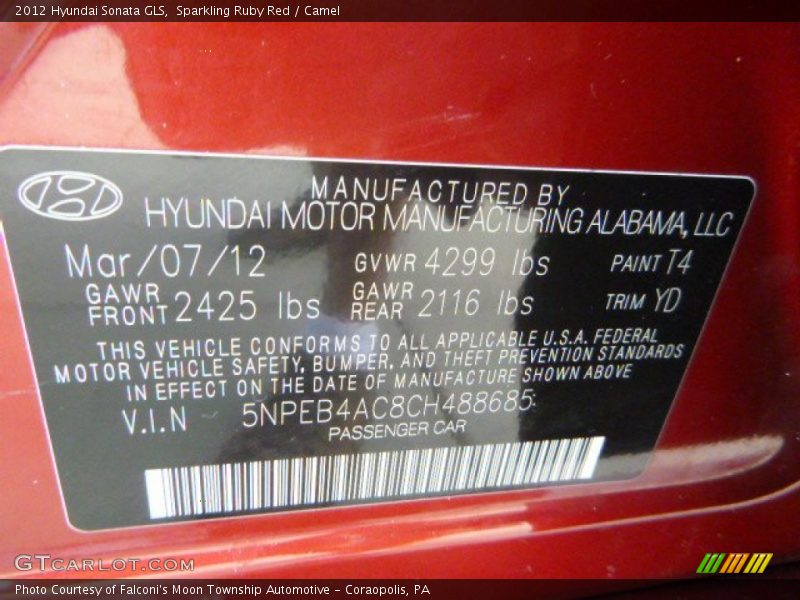 Sparkling Ruby Red / Camel 2012 Hyundai Sonata GLS