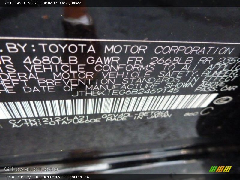 Obsidian Black / Black 2011 Lexus ES 350