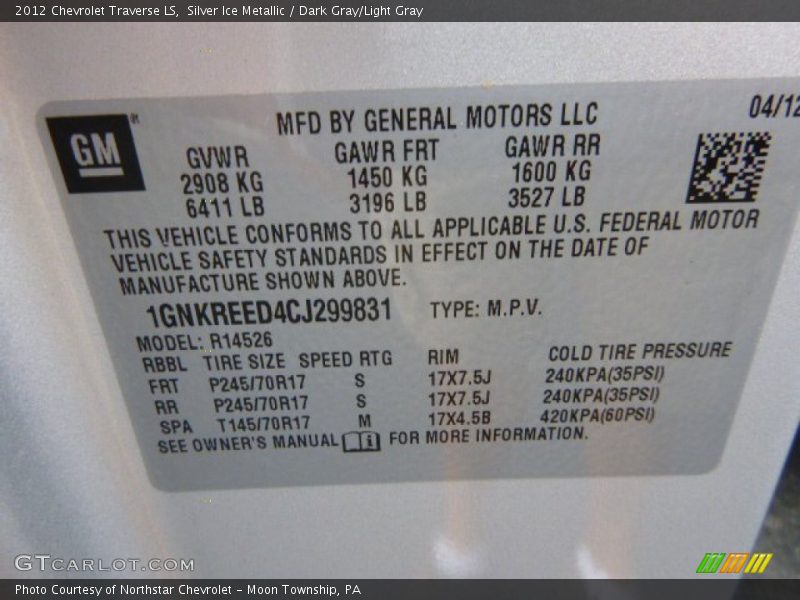 Silver Ice Metallic / Dark Gray/Light Gray 2012 Chevrolet Traverse LS