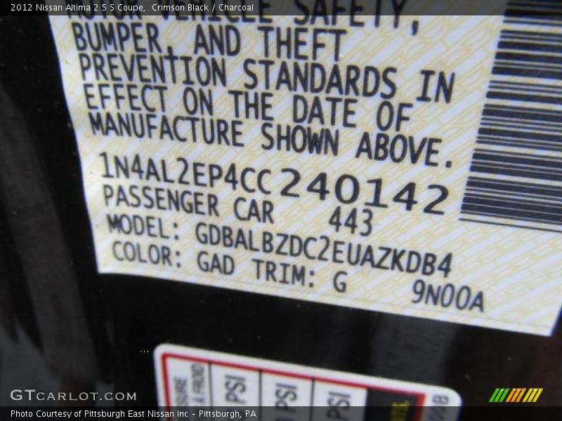 Crimson Black / Charcoal 2012 Nissan Altima 2.5 S Coupe