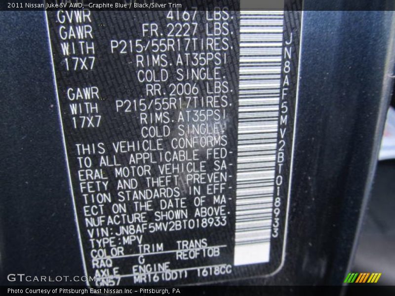 2011 Juke SV AWD Graphite Blue Color Code RAQ