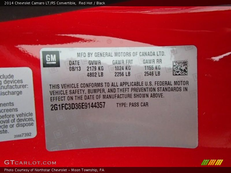 Info Tag of 2014 Camaro LT/RS Convertible