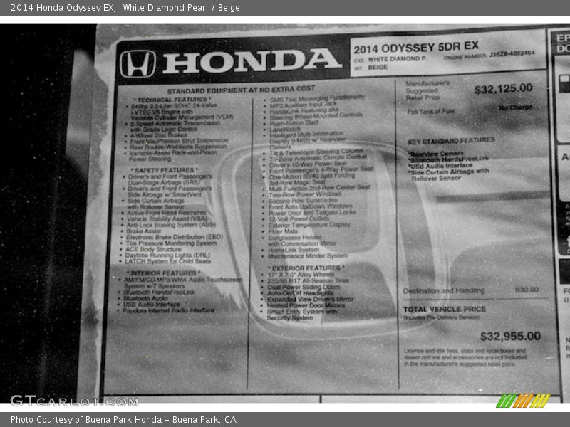 White Diamond Pearl / Beige 2014 Honda Odyssey EX