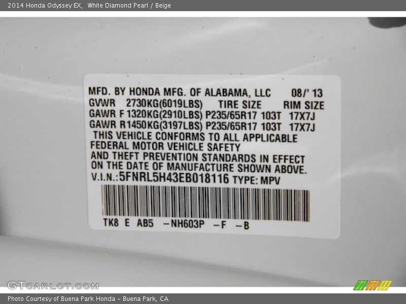 White Diamond Pearl / Beige 2014 Honda Odyssey EX