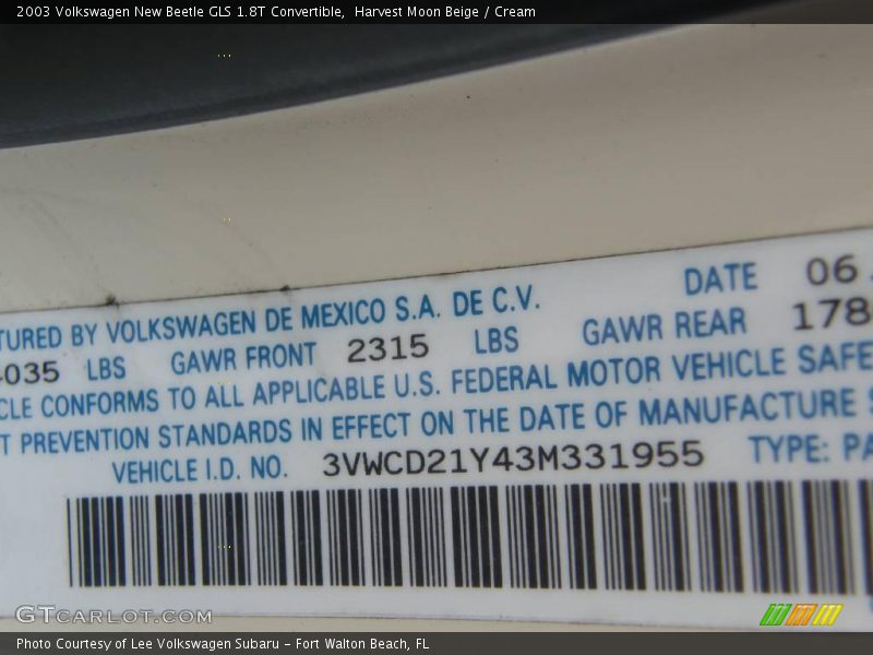 Harvest Moon Beige / Cream 2003 Volkswagen New Beetle GLS 1.8T Convertible