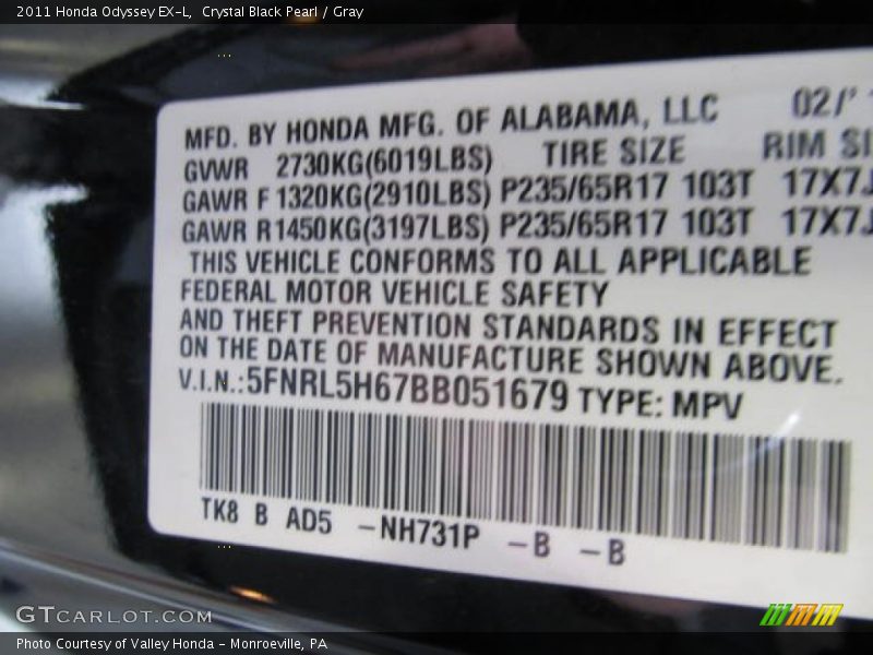 Crystal Black Pearl / Gray 2011 Honda Odyssey EX-L