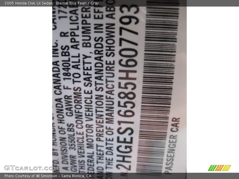 Eternal Blue Pearl / Gray 2005 Honda Civic LX Sedan