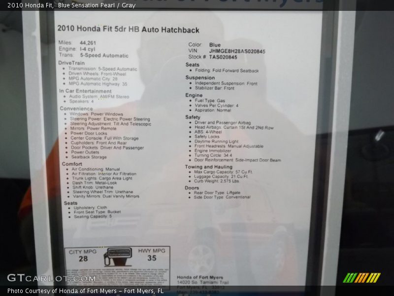 Blue Sensation Pearl / Gray 2010 Honda Fit