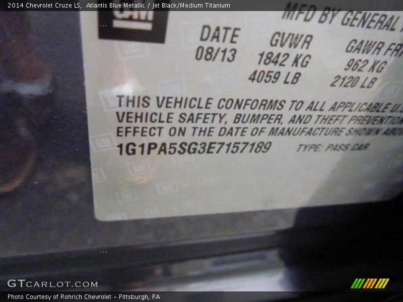 Atlantis Blue Metallic / Jet Black/Medium Titanium 2014 Chevrolet Cruze LS