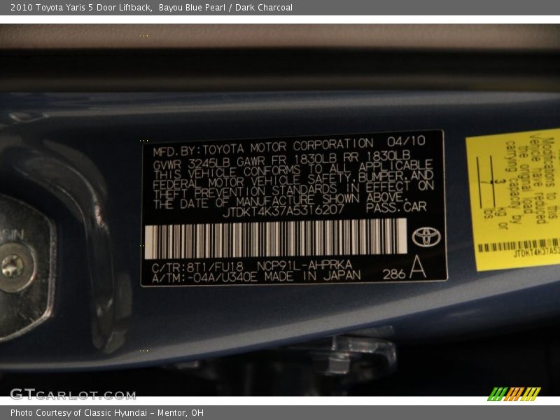 Bayou Blue Pearl / Dark Charcoal 2010 Toyota Yaris 5 Door Liftback