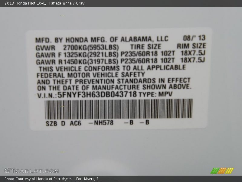 Taffeta White / Gray 2013 Honda Pilot EX-L
