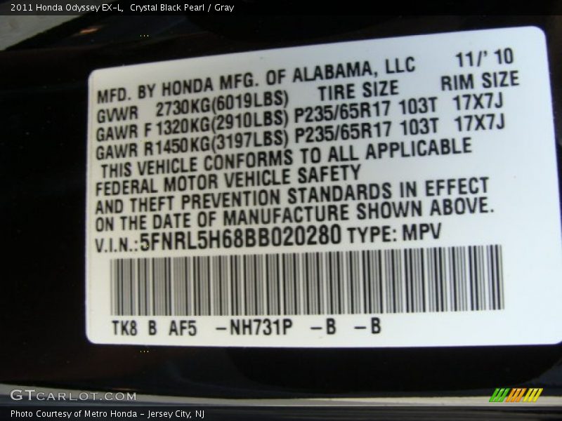 Crystal Black Pearl / Gray 2011 Honda Odyssey EX-L
