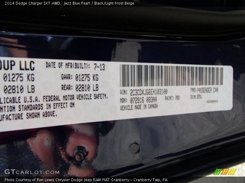 Jazz Blue Pearl / Black/Light Frost Beige 2014 Dodge Charger SXT AWD