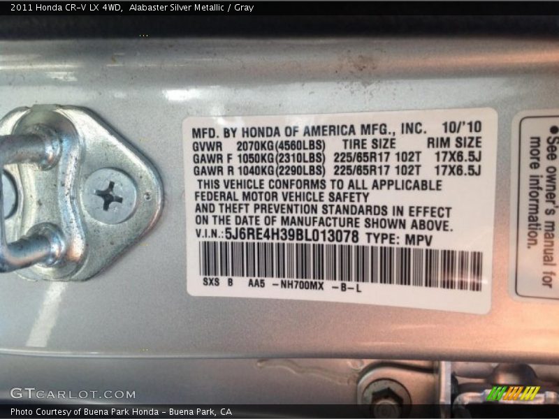Alabaster Silver Metallic / Gray 2011 Honda CR-V LX 4WD