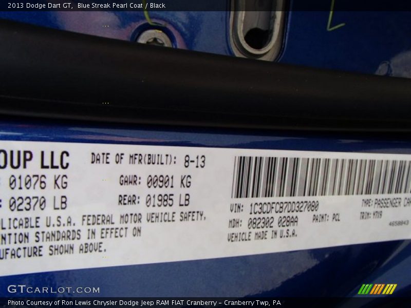 2013 Dart GT Blue Streak Pearl Coat Color Code PCL