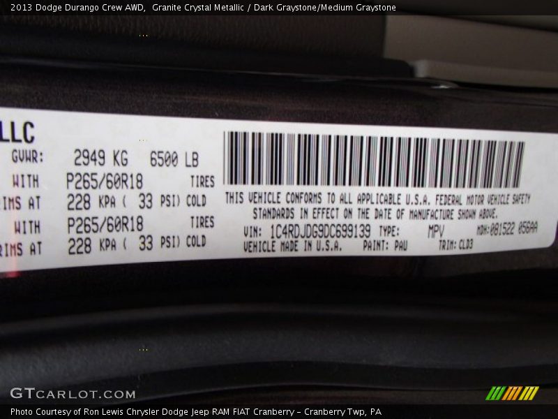 Granite Crystal Metallic / Dark Graystone/Medium Graystone 2013 Dodge Durango Crew AWD