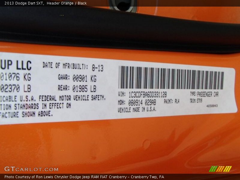 Header Orange / Black 2013 Dodge Dart SXT