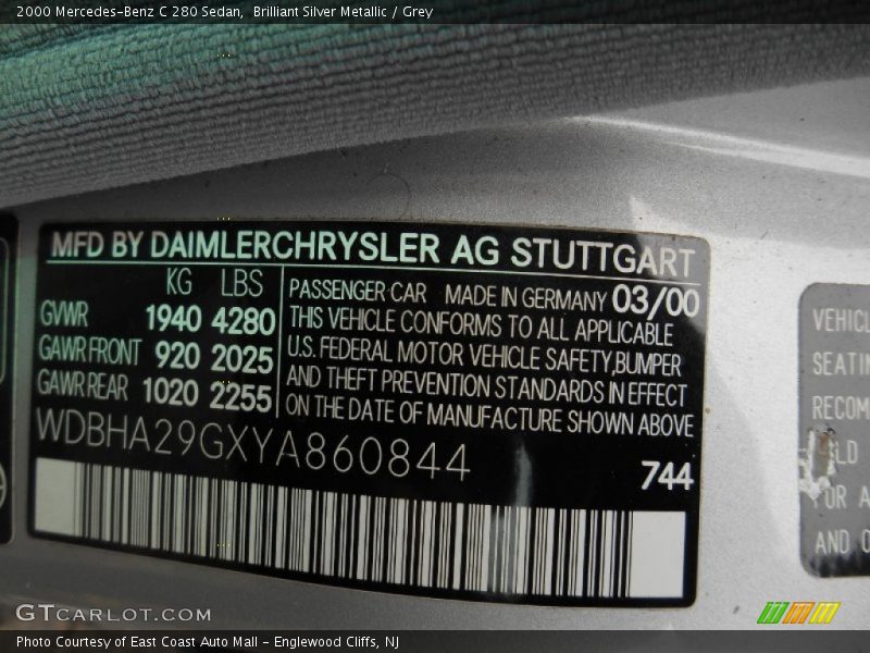 2000 C 280 Sedan Brilliant Silver Metallic Color Code 744
