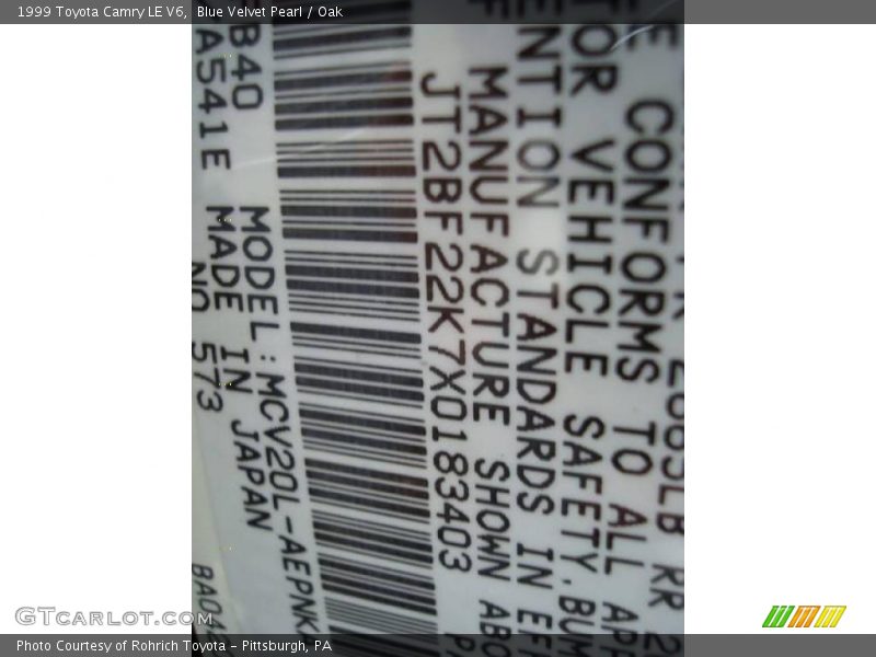 Blue Velvet Pearl / Oak 1999 Toyota Camry LE V6