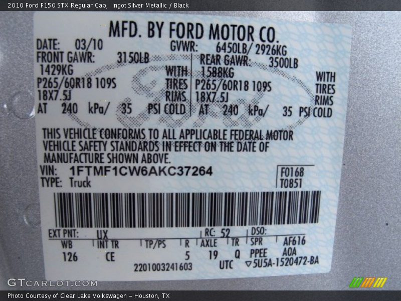 Ingot Silver Metallic / Black 2010 Ford F150 STX Regular Cab