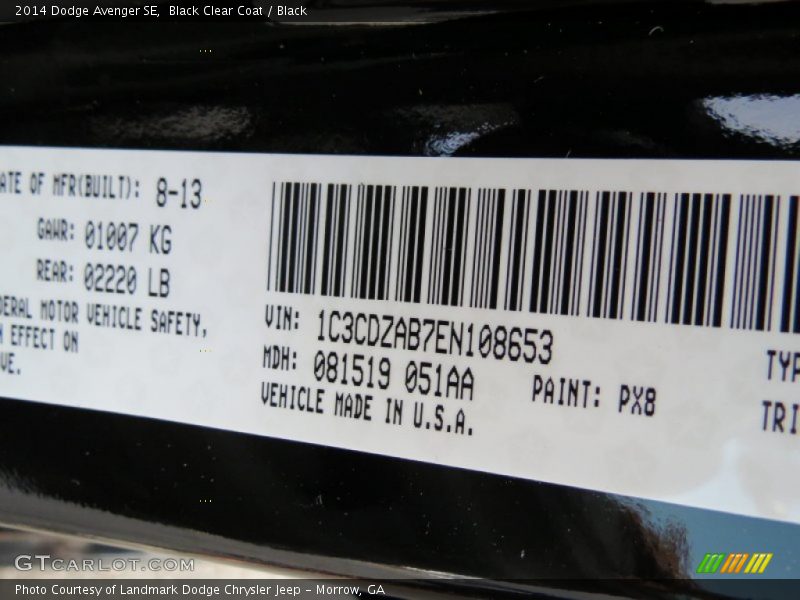 Black Clear Coat / Black 2014 Dodge Avenger SE