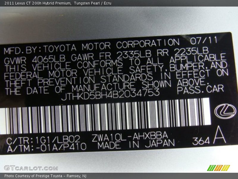 Tungsten Pearl / Ecru 2011 Lexus CT 200h Hybrid Premium