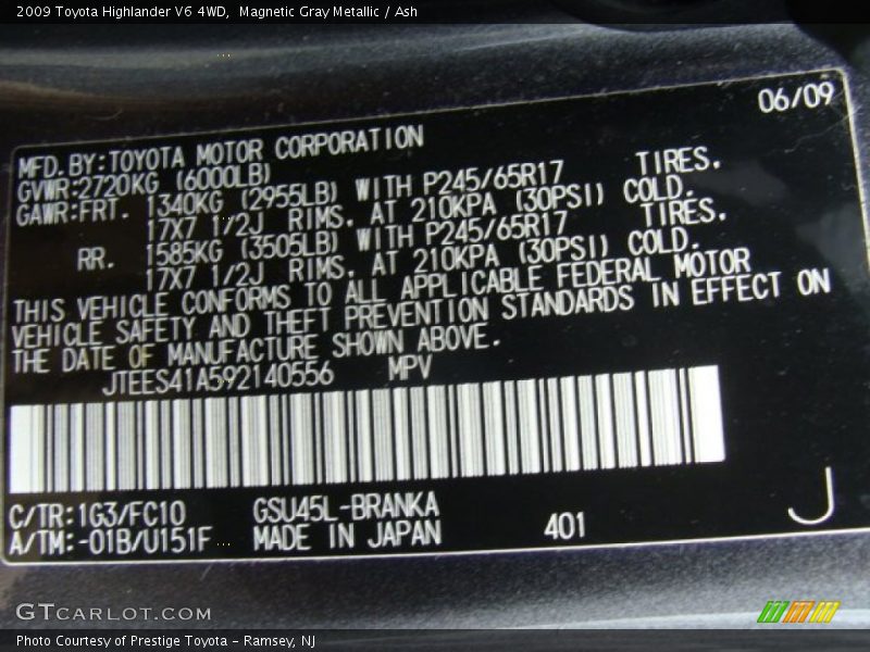 Magnetic Gray Metallic / Ash 2009 Toyota Highlander V6 4WD