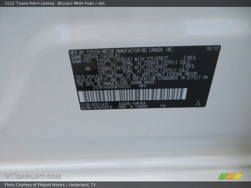 Blizzard White Pearl / Ash 2012 Toyota RAV4 Limited