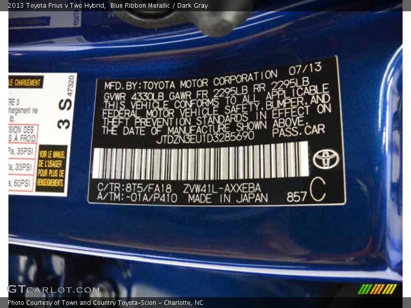 Blue Ribbon Metallic / Dark Gray 2013 Toyota Prius v Two Hybrid