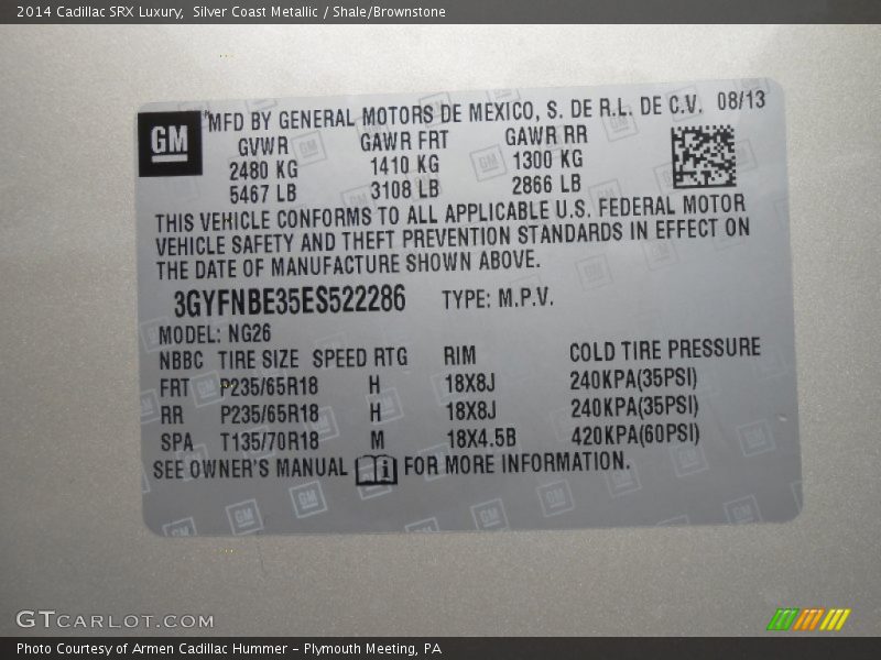 Info Tag of 2014 SRX Luxury