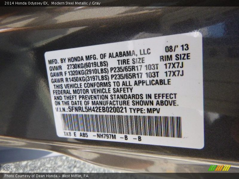 Modern Steel Metallic / Gray 2014 Honda Odyssey EX