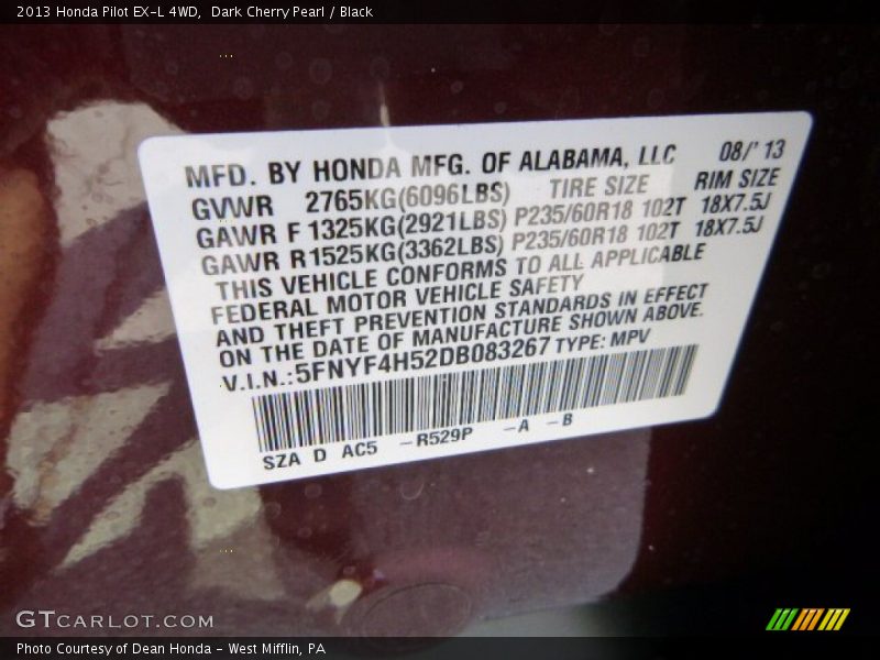 Dark Cherry Pearl / Black 2013 Honda Pilot EX-L 4WD