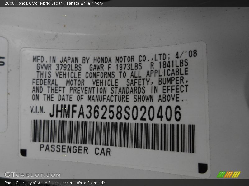 Taffeta White / Ivory 2008 Honda Civic Hybrid Sedan