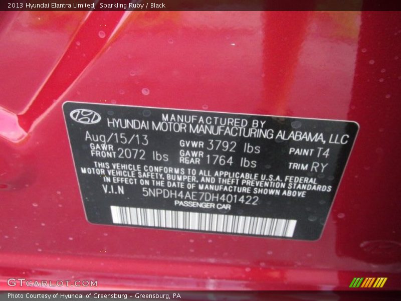 Sparkling Ruby / Black 2013 Hyundai Elantra Limited