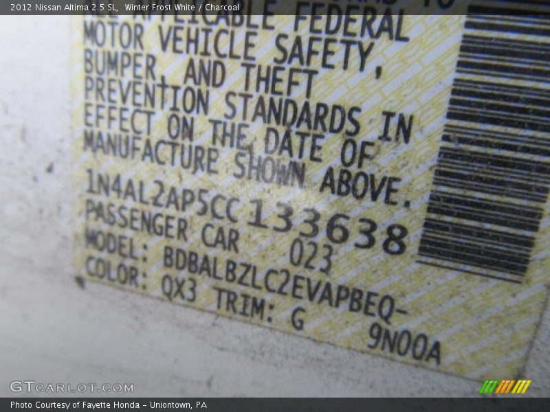 Winter Frost White / Charcoal 2012 Nissan Altima 2.5 SL