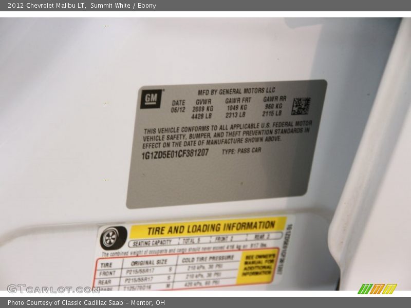 Summit White / Ebony 2012 Chevrolet Malibu LT