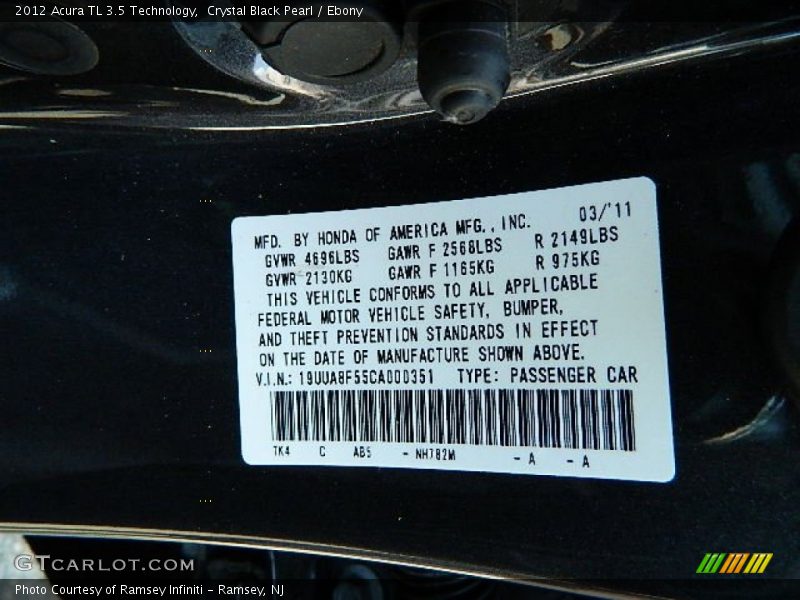 Crystal Black Pearl / Ebony 2012 Acura TL 3.5 Technology