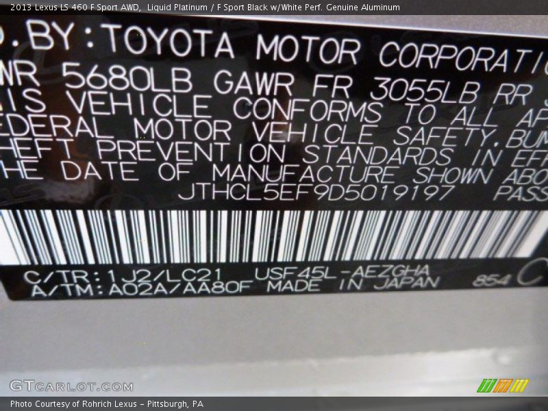 Liquid Platinum / F Sport Black w/White Perf. Genuine Aluminum 2013 Lexus LS 460 F Sport AWD