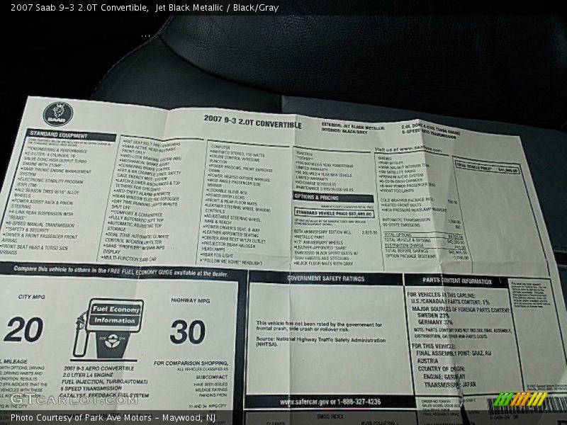  2007 9-3 2.0T Convertible Window Sticker