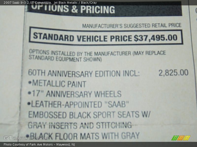  2007 9-3 2.0T Convertible Window Sticker