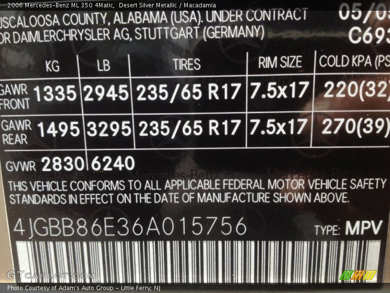 2006 ML 350 4Matic Desert Silver Metallic Color Code 693