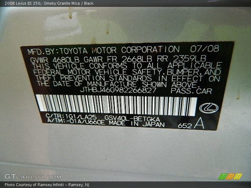 Smoky Granite Mica / Black 2008 Lexus ES 350