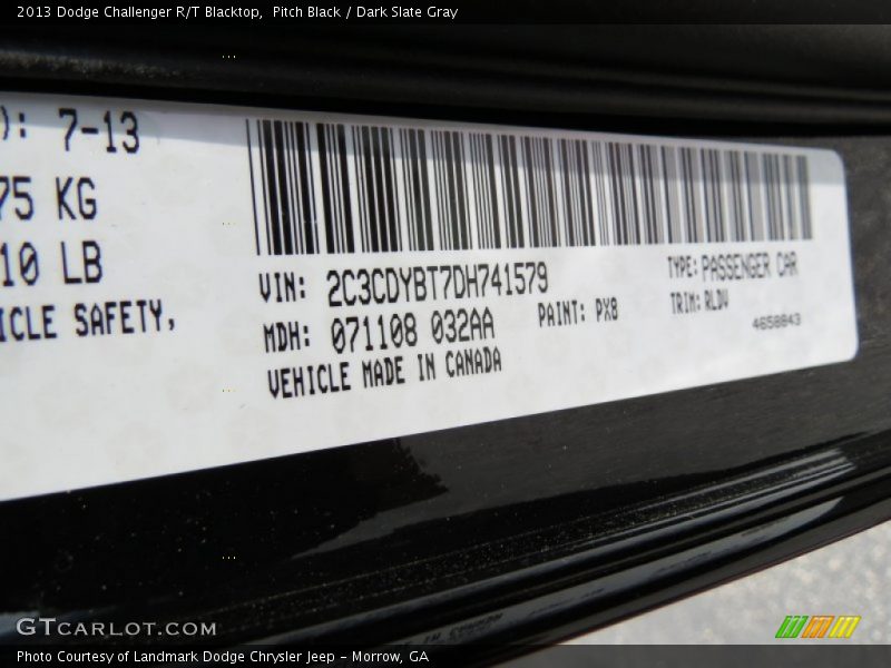 2013 Challenger R/T Blacktop Pitch Black Color Code PX8
