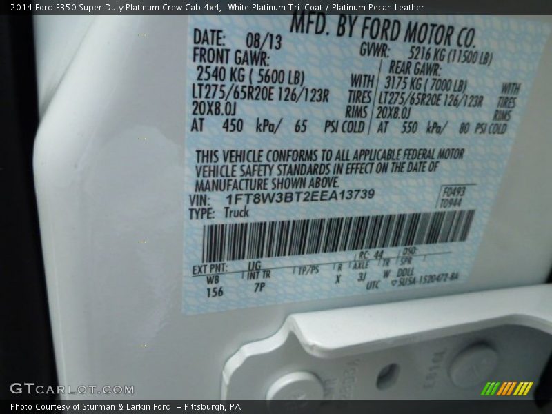 2014 F350 Super Duty Platinum Crew Cab 4x4 White Platinum Tri-Coat Color Code UG