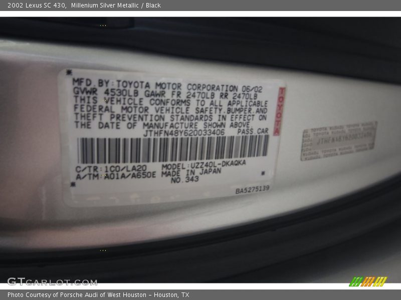 Millenium Silver Metallic / Black 2002 Lexus SC 430