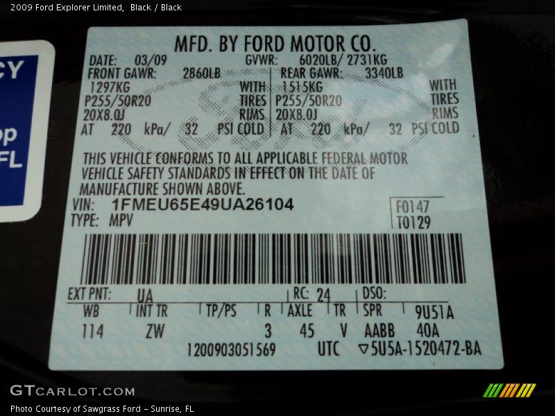 2009 Explorer Limited Black Color Code UA